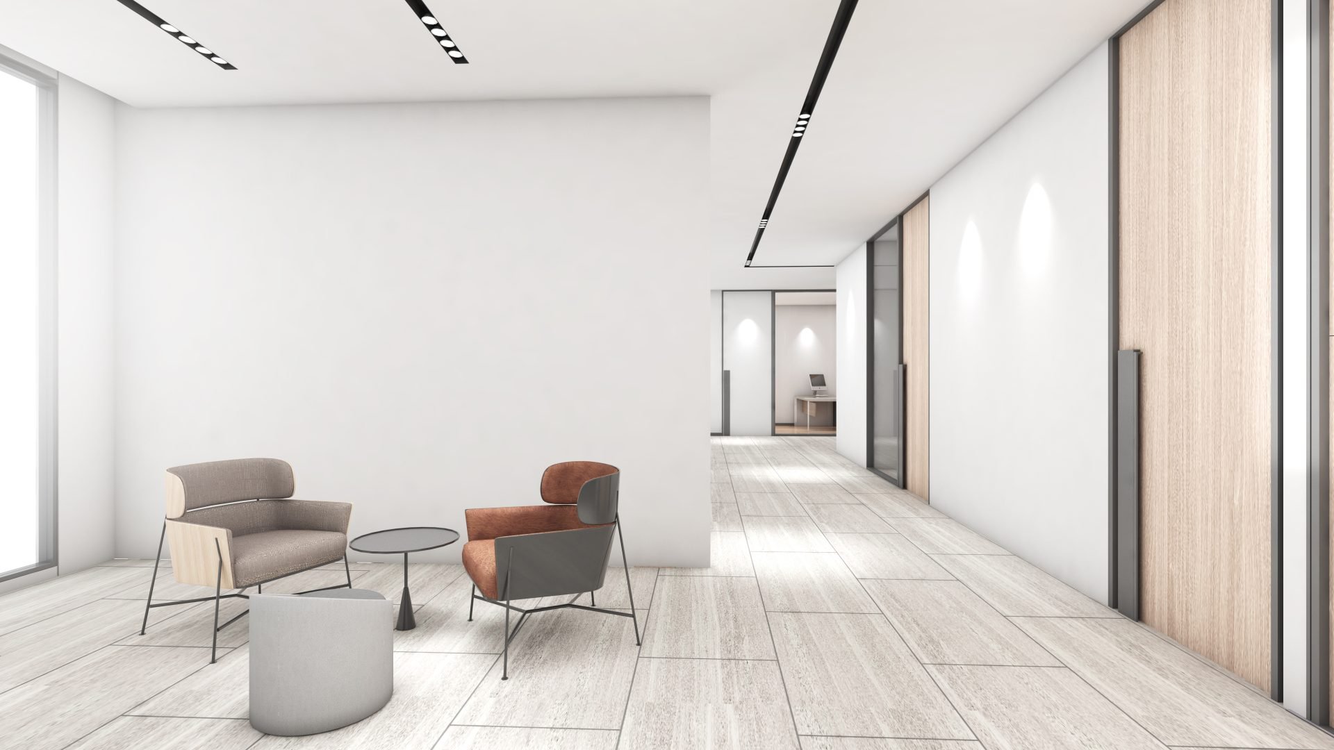 A modern dental waiting area featuring sleek furniture, including a beige chair, an orange chair, and a small black table.