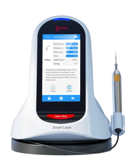 A high-tech laser dentistry device with a touchscreen display and an attached syringe for dental treatments.