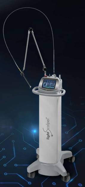 A light scalpel dental laser device on a wheeled stand with a touchscreen interface against a dark, high-tech background.