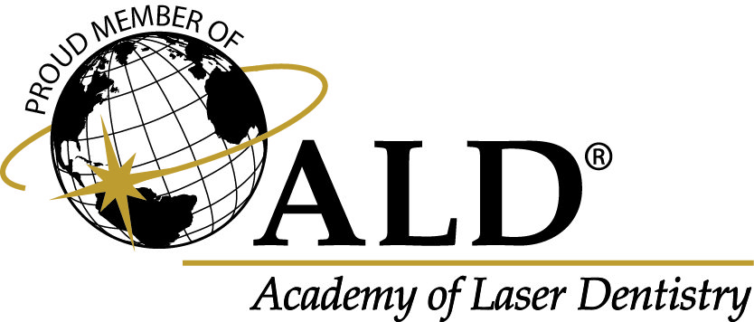 Logo of the Academy of Laser Dentistry featuring a globe with "PROUD MEMBER OF ALD" and a star design.